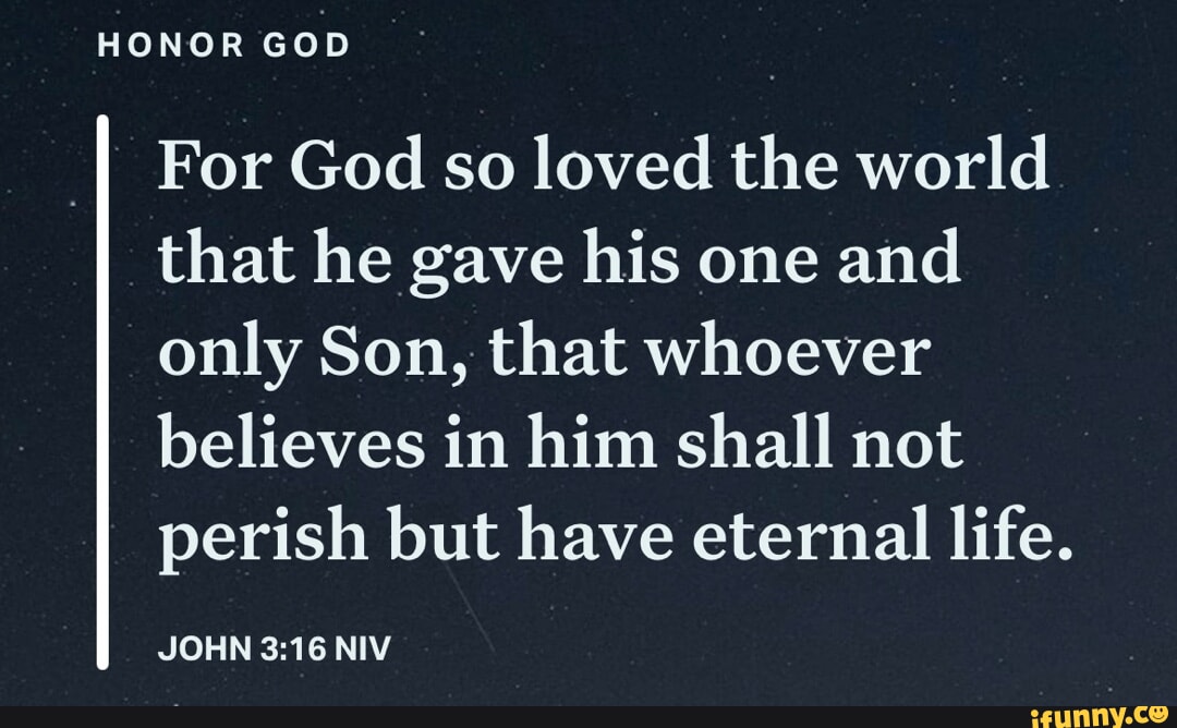 HONOR GOD For God so loved the world that he gave his one and only Son, that whoever believes in him shall not perish but have eternal life. JOHN NIV